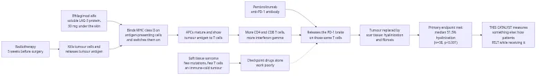 How eftilagimod alfa, radiotherapy and pembrolizumab are intended to work together in soft tissue sarcoma, and where the October 2026 catalyst sits